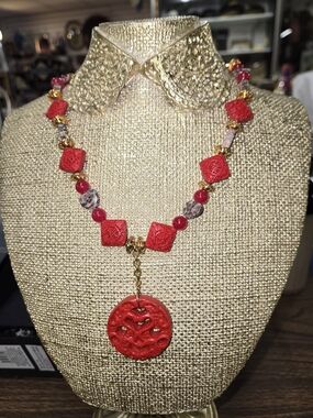 Red Carved Pendant Necklace - Women Jewelry